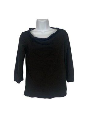 AB Studio Womens Black Sweater Size L Lace Trim Back 3/4 Sleeve Cotton Blend